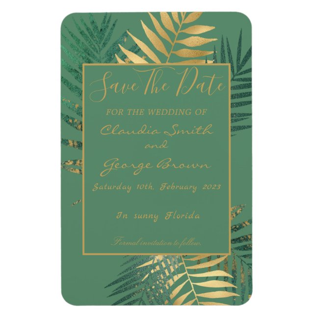 Elegante tropische Blätter aus Gold Save the Date Magnet (Vertikal)