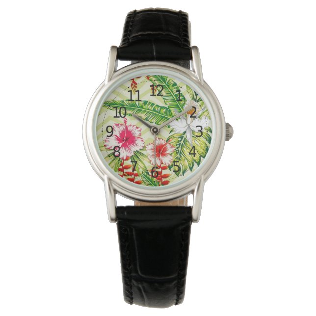 Elegante tropische Blätter und Hibiskus-Blume | Armbanduhr (Vorderseite)