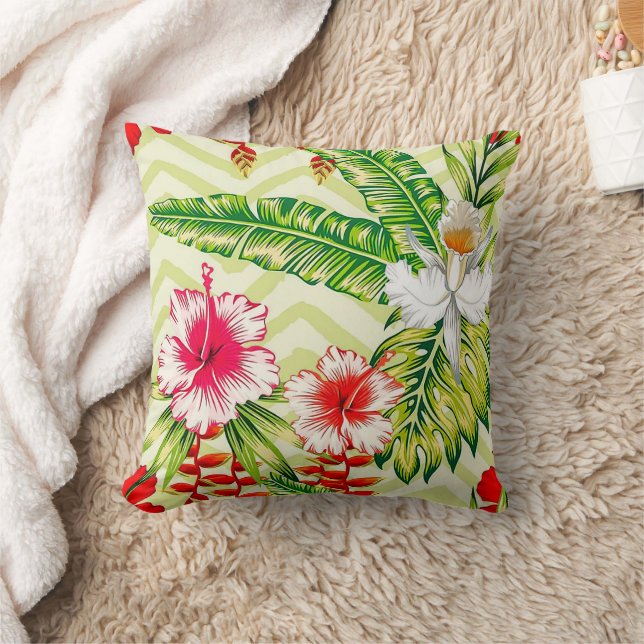 Elegante tropische Blätter und Hibiskus-Blume | Kissen (Decke)