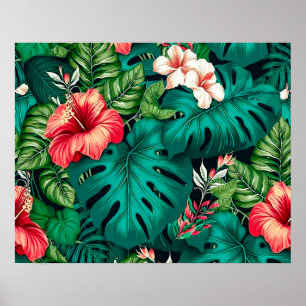 Elegante tropische Blätter und Hibiskus-Blume   Poster