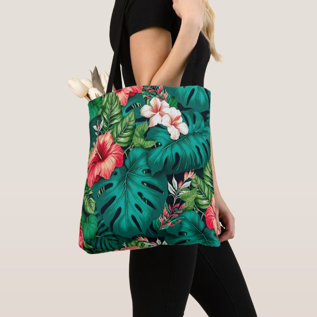 Elegante tropische Blätter und Hibiskus-Blume | Tasche (Von Nahem)