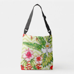 Elegante tropische Blätter und Hibiskus-Blume Tragetaschen Mit Langen Trägern