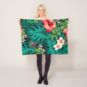 Elegante tropische Blätter und Hibiskusblüten Fleecedecke