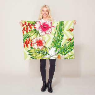 Elegante tropische Blätter und Hibiskusblüten Fleecedecke