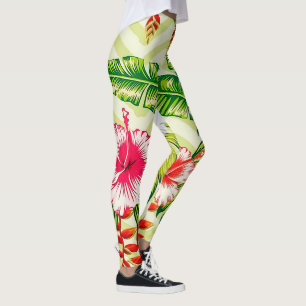 Elegante tropische Blätter und Hibiskusblüten Leggings