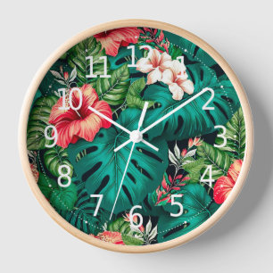 Elegante tropische Blätter und Hibiskusblüten   Uhr