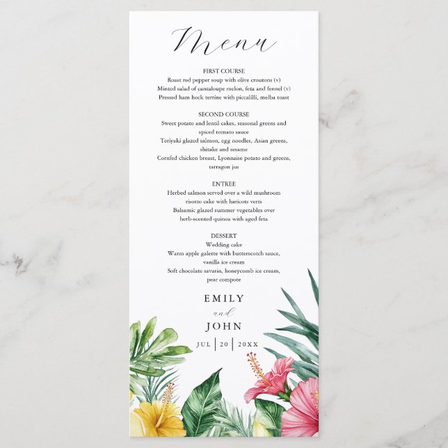 Elegante Tropische Blume Hochzeit Menükarte (Vorderseite)