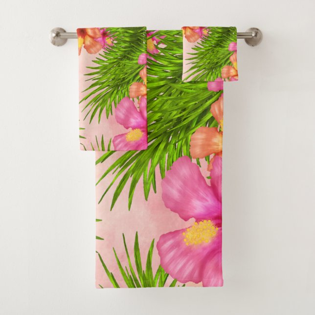 Elegante tropische Blume Rosa Grün-Blätter Badhandtuch Set (Insitu)