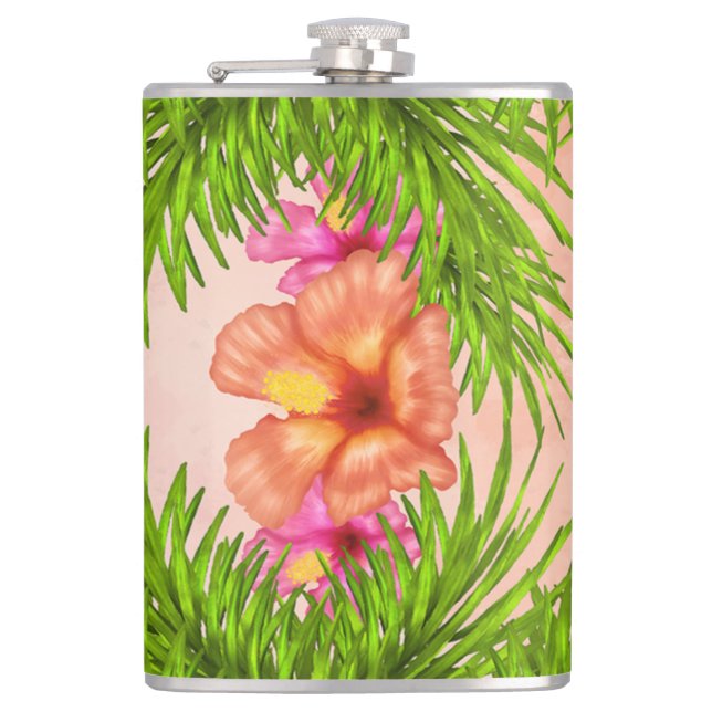 Elegante tropische Blume Rosa Grün-Blätter Flachmann (Vorderseite)