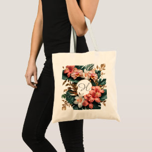Elegante tropische Blumen-Monogramm-Leinwand-Tasch Tragetasche