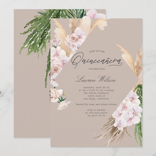 elegante tropische Blumen Quinceanera Einladung (Vorne/Hinten)