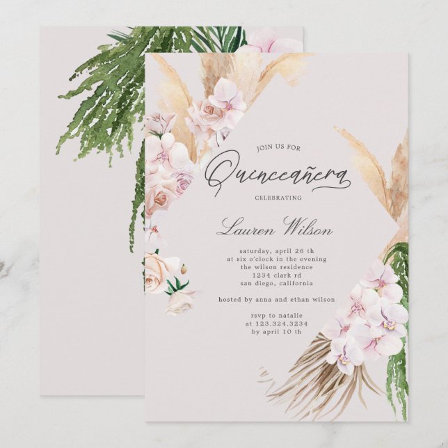 elegante tropische Blumen Quinceanera Einladung (Vorne/Hinten)
