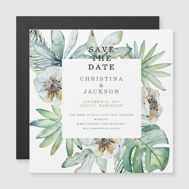 Elegante tropische Foliage Hochzeit speichern Sie  Magneteinladung (Vorne/Hinten)