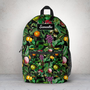 Elegante tropische Früchte schwarzes Muster, Monog Bedruckter Rucksack