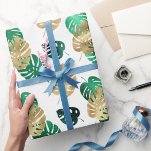 Elegante tropische goldene und grüne Monstera-Blät Geschenkpapier