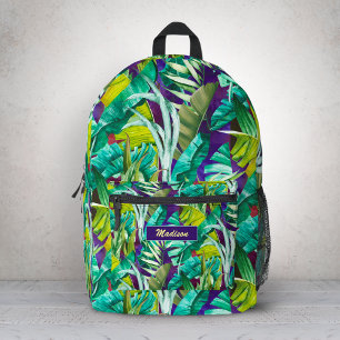 Elegante tropische grüne Blätter lila Bedruckter Rucksack