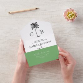 Elegante Tropische Grüne Palmwedel Monogramm Hochz All In One Einladung