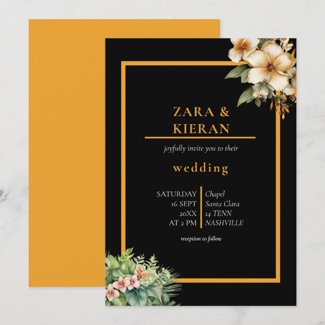 Elegante tropische Hochzeit aus der Flora Einladung (Vorne/Hinten)
