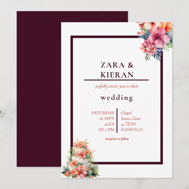 Elegante tropische Hochzeit mit floralen Kuchen Einladung (Vorne/Hinten)