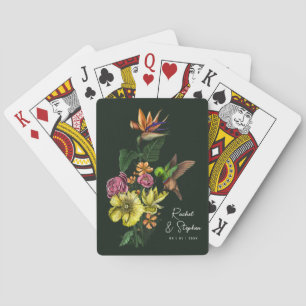 Elegante tropische Hochzeit mit Kolibris, Blumen u Spielkarten