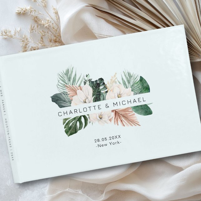 Elegante, tropische Hochzeit mit üppiger Vegetatio Gästebuch (Personalized, elegant, tropical, leafy wedding guest book with your names and date.)