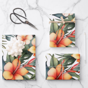 Elegante tropische Orangen-Wildblumen Geschenkpapier Set