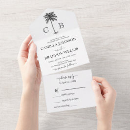 Elegante tropische Palmweddingmonogramme All In One Einladung