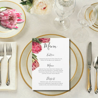 Elegante tropische rosa und grüne Proteas-Hochzeit Menükarte