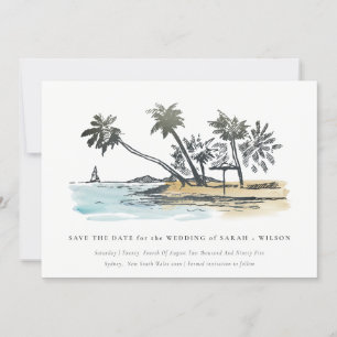 Elegante tropische Strand-Palmenbaum-Skizze Aquare Save The Date
