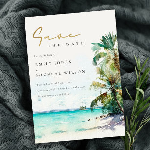 Elegante tropische Strand-Wasserfarben-Palmbaeume Save The Date