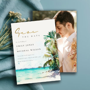 Elegante tropische Strand-Wasserfarben-Palmen-Foto Save The Date
