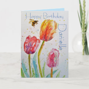 Elegante Tulip and Bee Watercolor Geburtstagskarte Karte