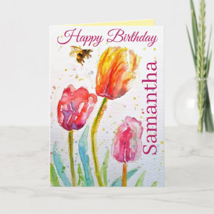 Elegante Tulpe und Biene Aquarell Frauenname Karte