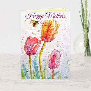 Elegante Tulpe und Biene Aquarell Muttertagskarte Karte