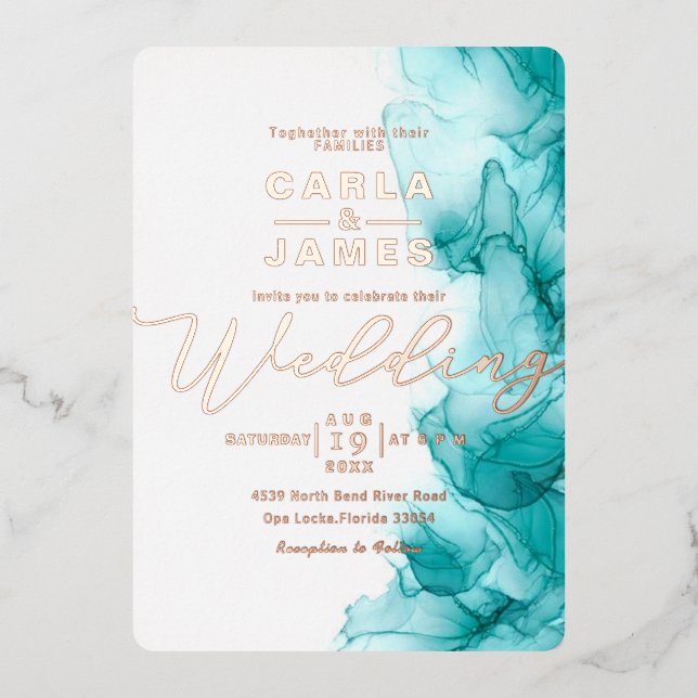 elegante Türkis Blue Alcohol Tinte Gold Hochzeit F Folieneinladung (Vorderseite)