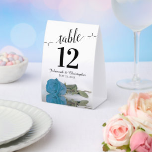 Elegante Türkis Blue Rose Hochzeit Tischnummer Tischaufsteller