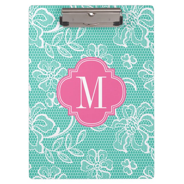 Elegante Türkis-Girly Spitze-personalisiertes Klemmbrett (Vorderseite)