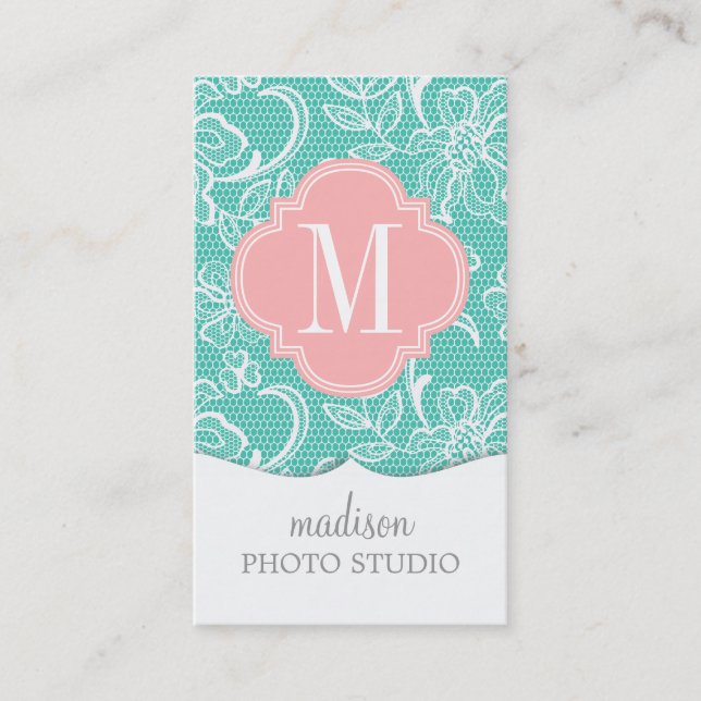 Elegante Türkis-Girly Spitze-personalisiertes Visitenkarte (Vorderseite)