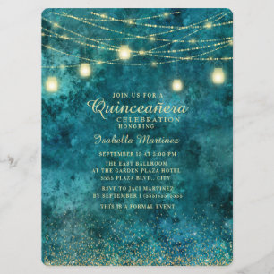 Elegante Türkis-Gold-Glitter-Lichterkette Quinceañ Einladung