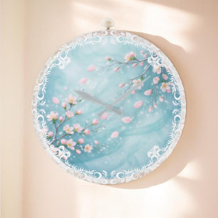 Elegante Türkis Rosa Kirschblüte Große Wanduhr