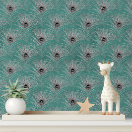 Elegante Türkis Silver Glitzer Peacock Feathers Tapete