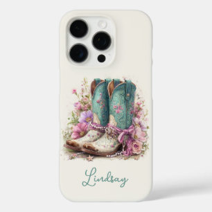 Elegante Türkis-Stiefel mit Blumen-Monogramm iPhone 16 Pro Hülle