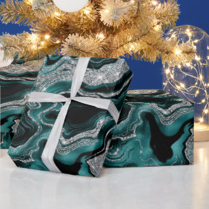 Elegante Türkis- und Silber-Glitter-Achat-Geburtst Geschenkpapier