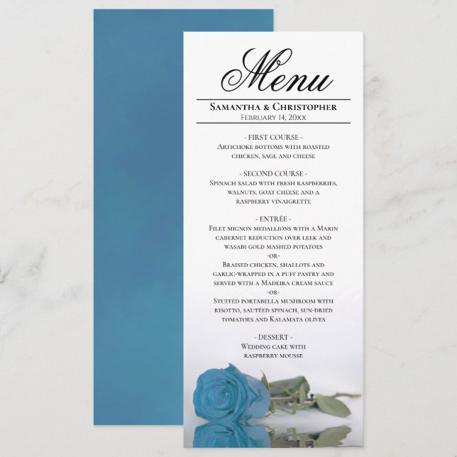 Elegante türkisblaue Rose Reflektionen Hochzeit Menükarte (Vorne/Hinten)