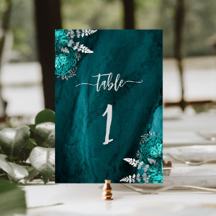 Elegante Türkisblaue Silberne Florale Hochzeit Tischnummer