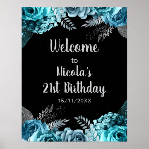 Elegante Türkisblaue und Silber-Blumen-Geburtstags Poster