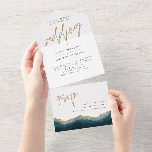 Elegante Türkise Gold Agate Calligraphy Wedding All In One Einladung (Abreißen)