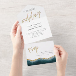 Elegante Türkise Gold Agate Calligraphy Wedding All In One Einladung