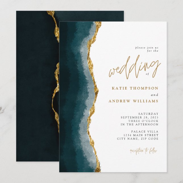 Elegante Türkise Gold Agate Calligraphy Wedding Einladung (Vorne/Hinten)