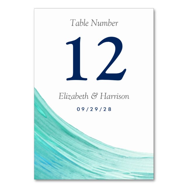 Elegante türkise Tides Beach Hochzeit Tischnummer (Vorderseite)
